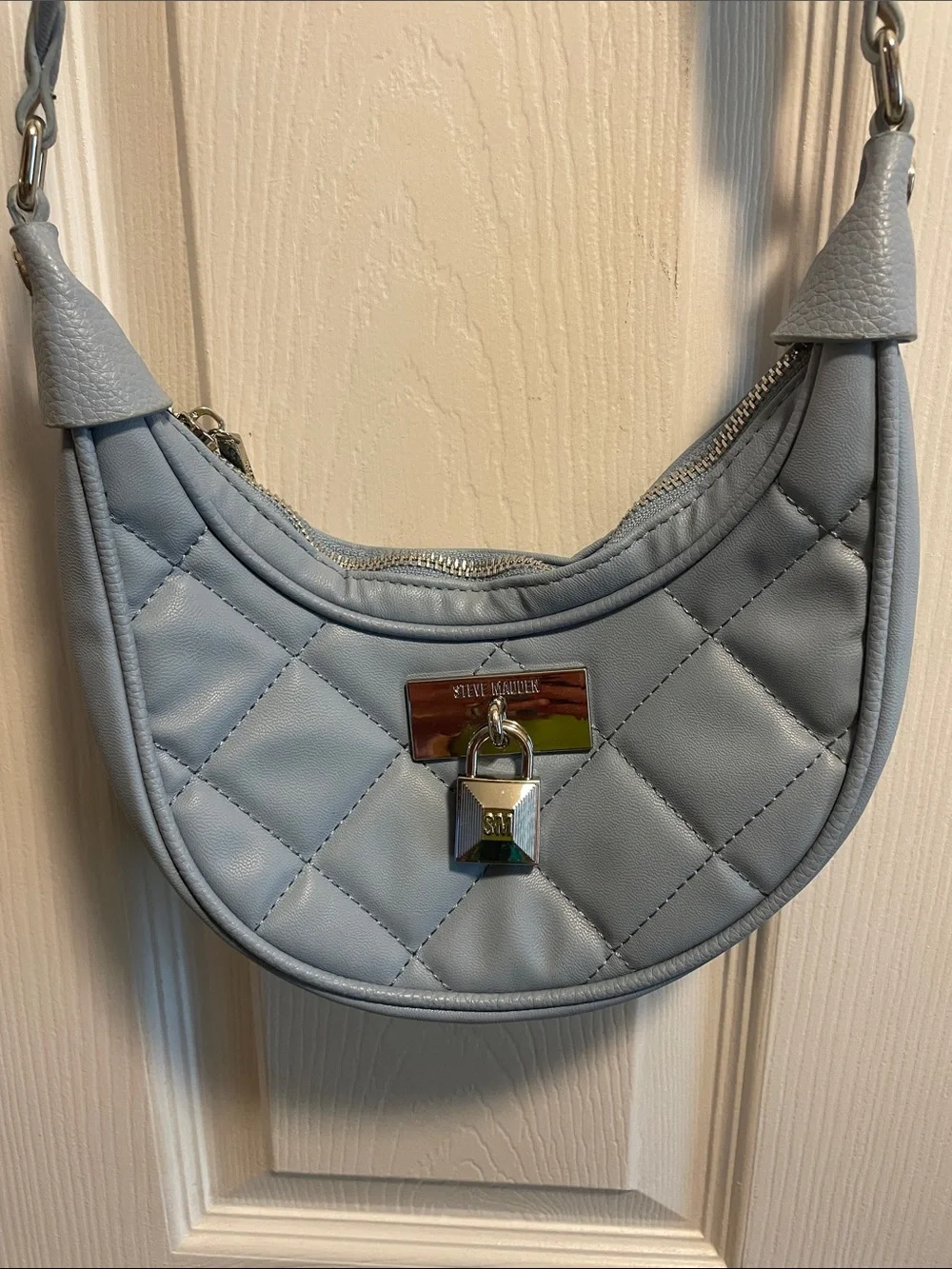 Steve Madden Powder Blue Quilted Crescent Shoulder Bag with Padlock